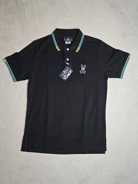 Psycho Bunny Men's Eden Polo Shirt Black tipped Short Sleeve Pique Size 5 M NWT